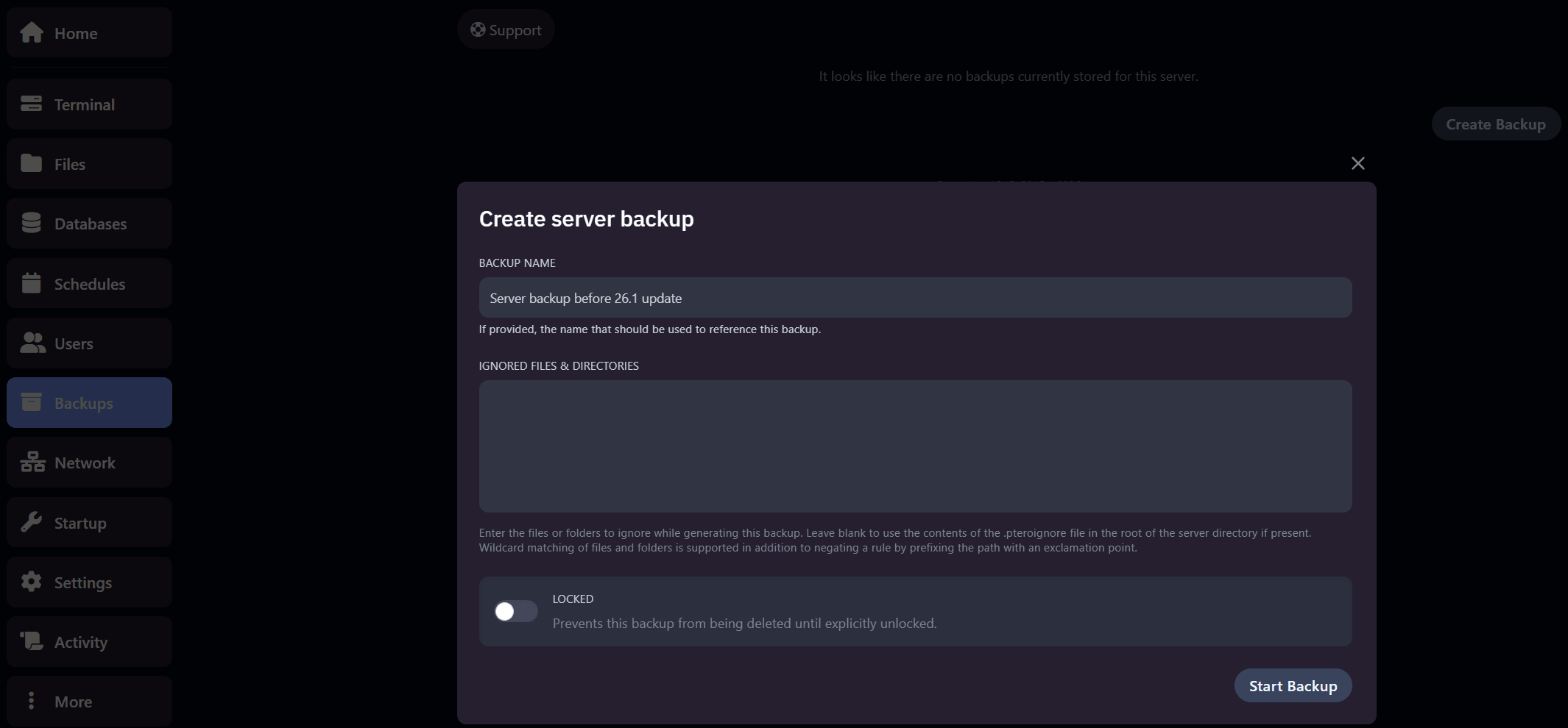 Create server backup dialog in het OXY.Games panel, met de naam "Server backup before 26.1 update" ingevuld