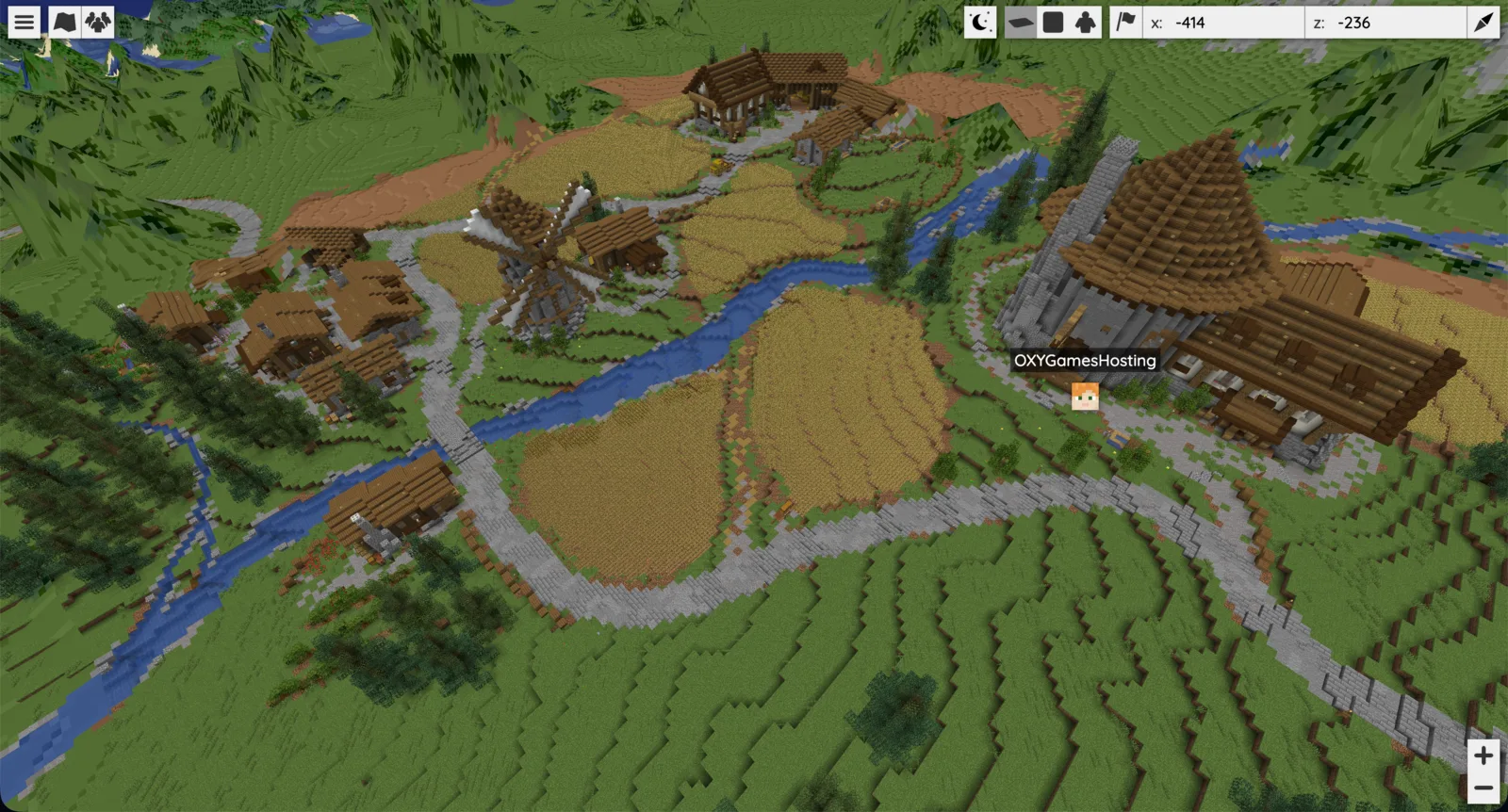 BlueMap 3D-webkaart van een Minecraft-dorp met zichtbare spelersmarker