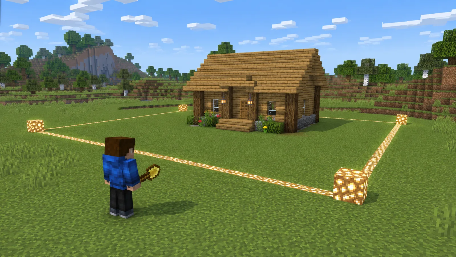 Speler met gouden schep naast een geclaimd stuk land met glowstone-hoekmarkeringen