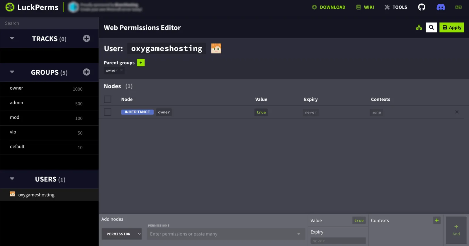 LuckPerms web-editor met permissiegroepen in de browser