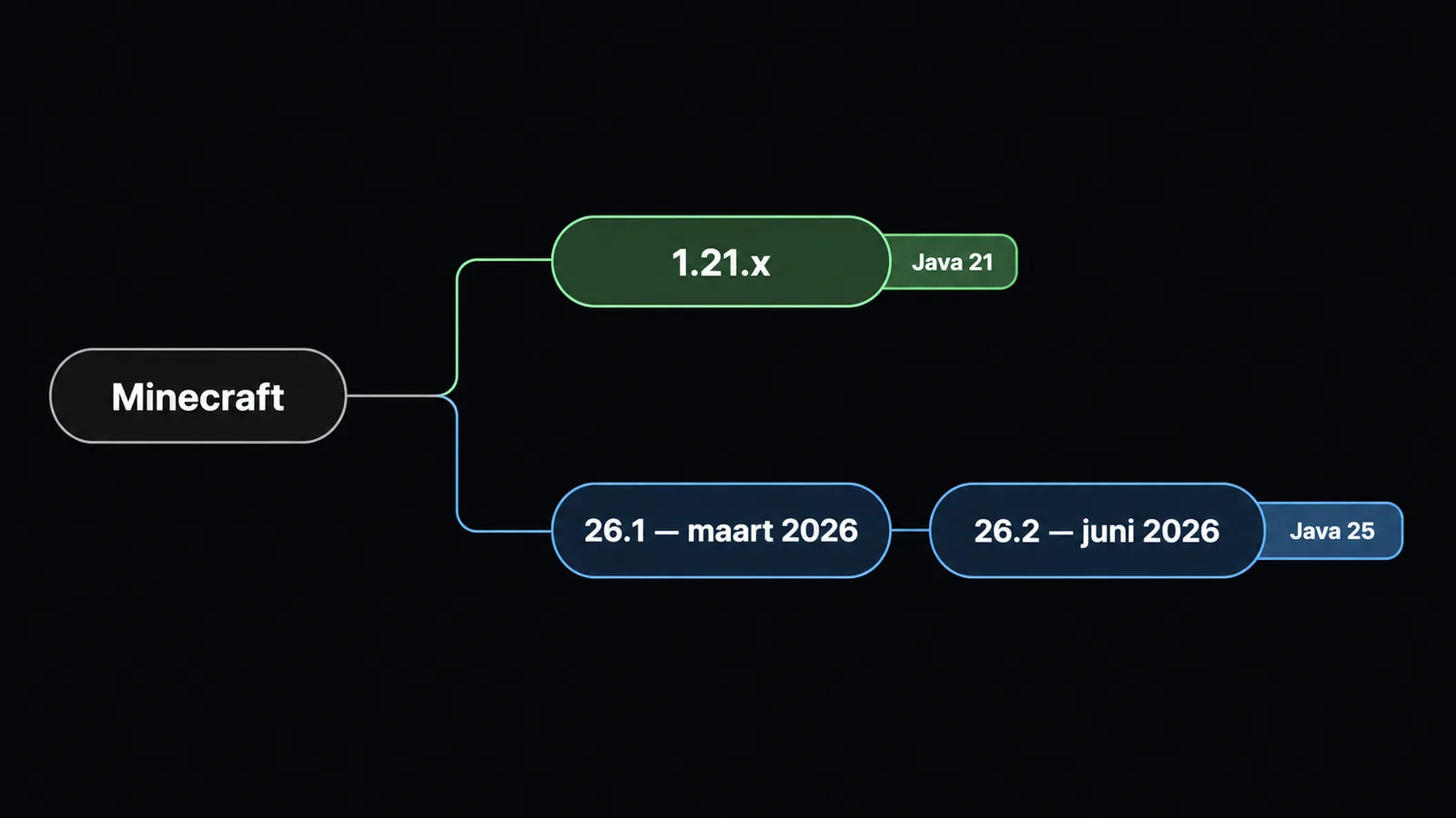 Versieschema: Minecraft 1.21.x met Java 21 naast de 26.x-reeks met 26.1 (maart 2026), 26.2 (juni 2026) en Java 25