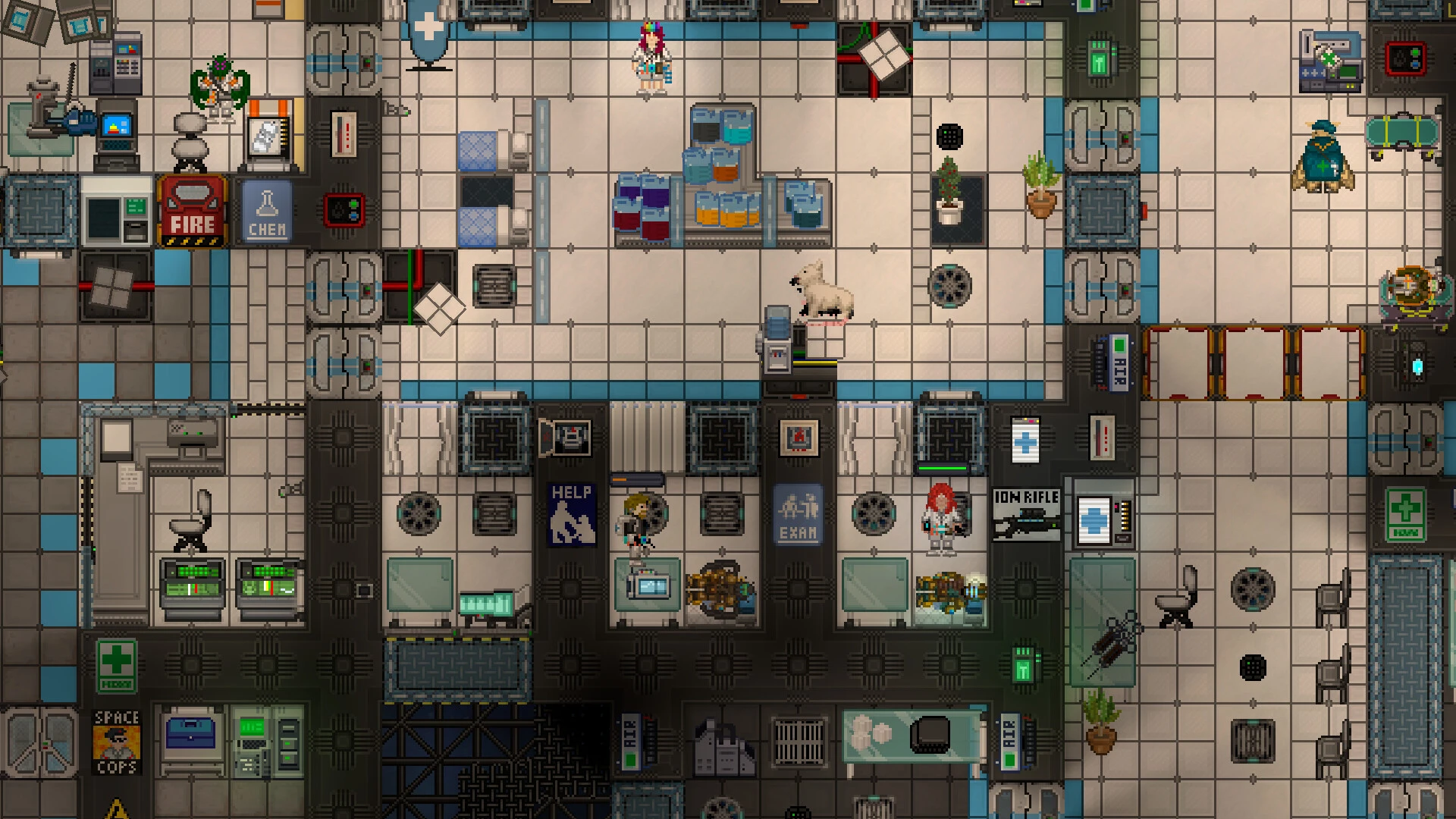 This is a top-down view of Space Station 14 during a round, showing the interior of the station with its rooms, corridors and crew members.