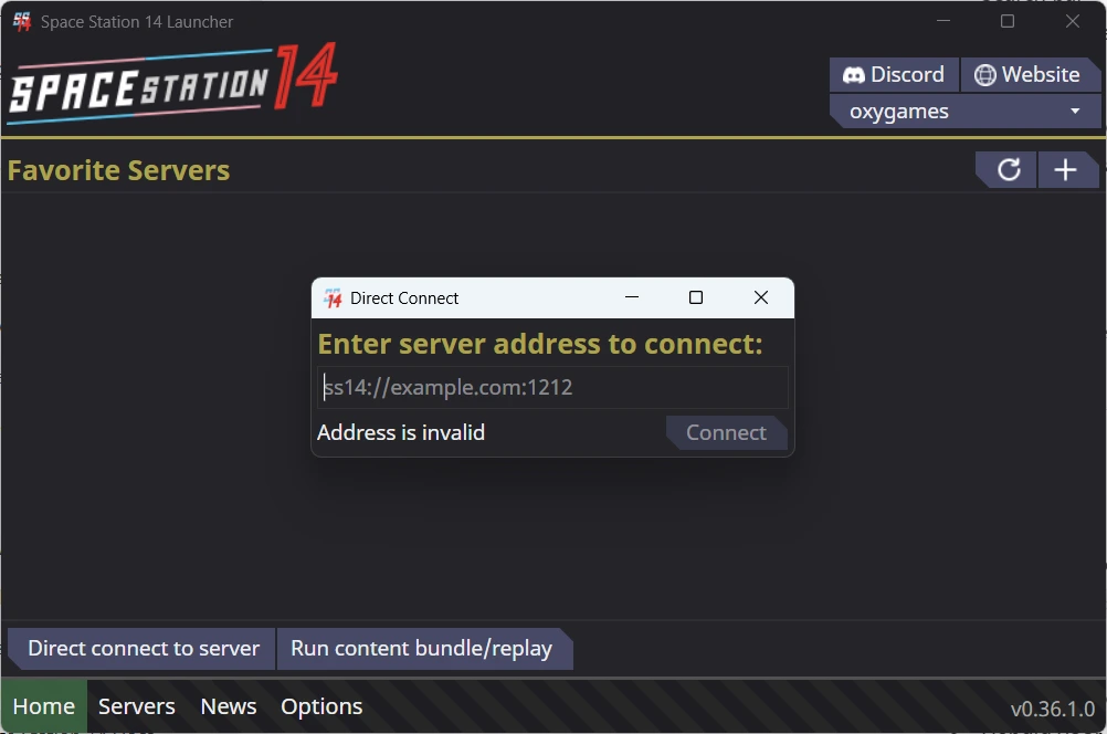 This is the Direct Connect dialogue box in the Space Station 14 launcher, where players paste the server address.