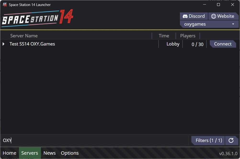The Space Station 14 launcher's server browser, filtered by OXY, shows a server listed on the public hub.