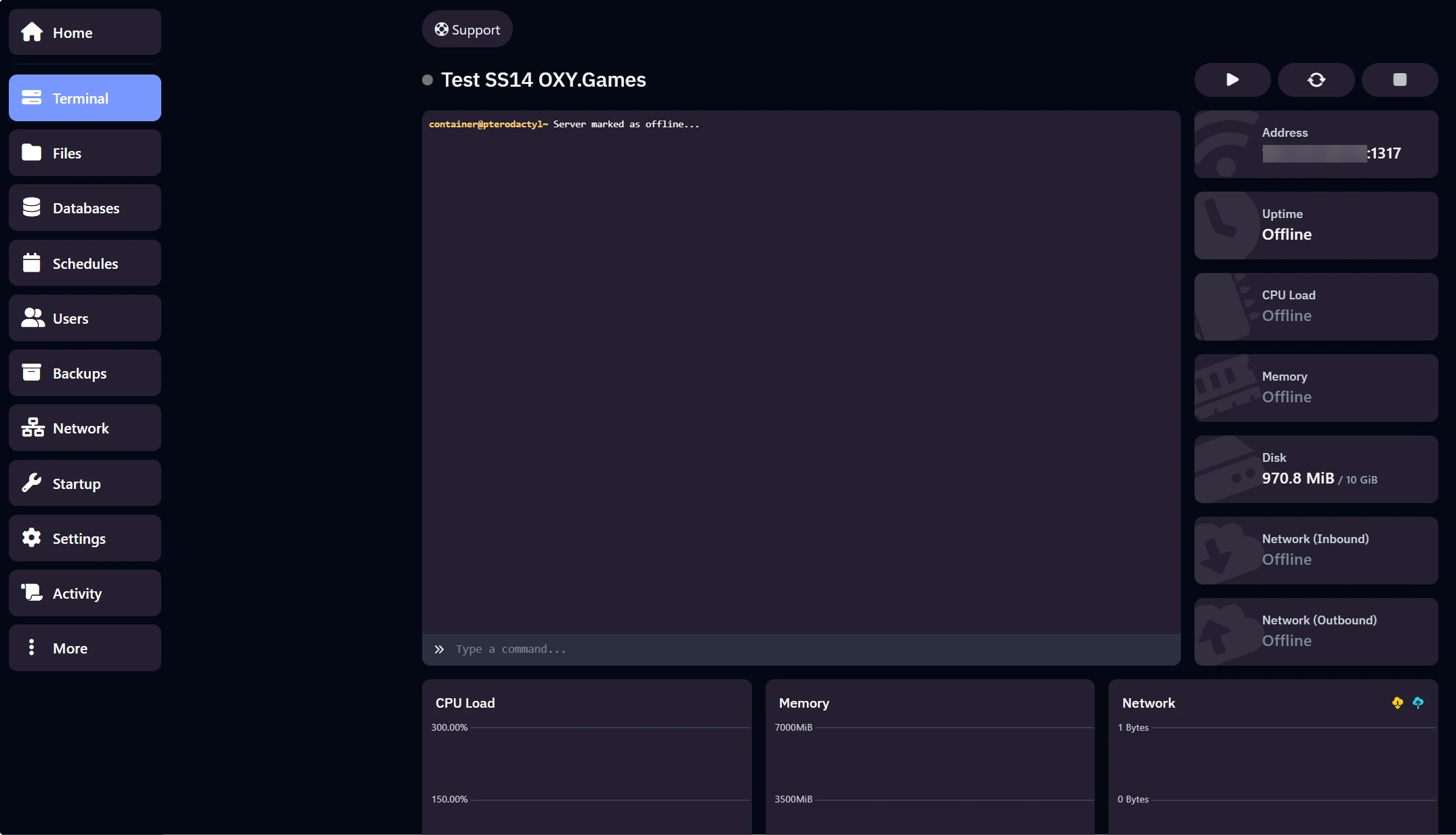This is the OXY.Games game control panel, showing a newly delivered SS14 server in an offline state.