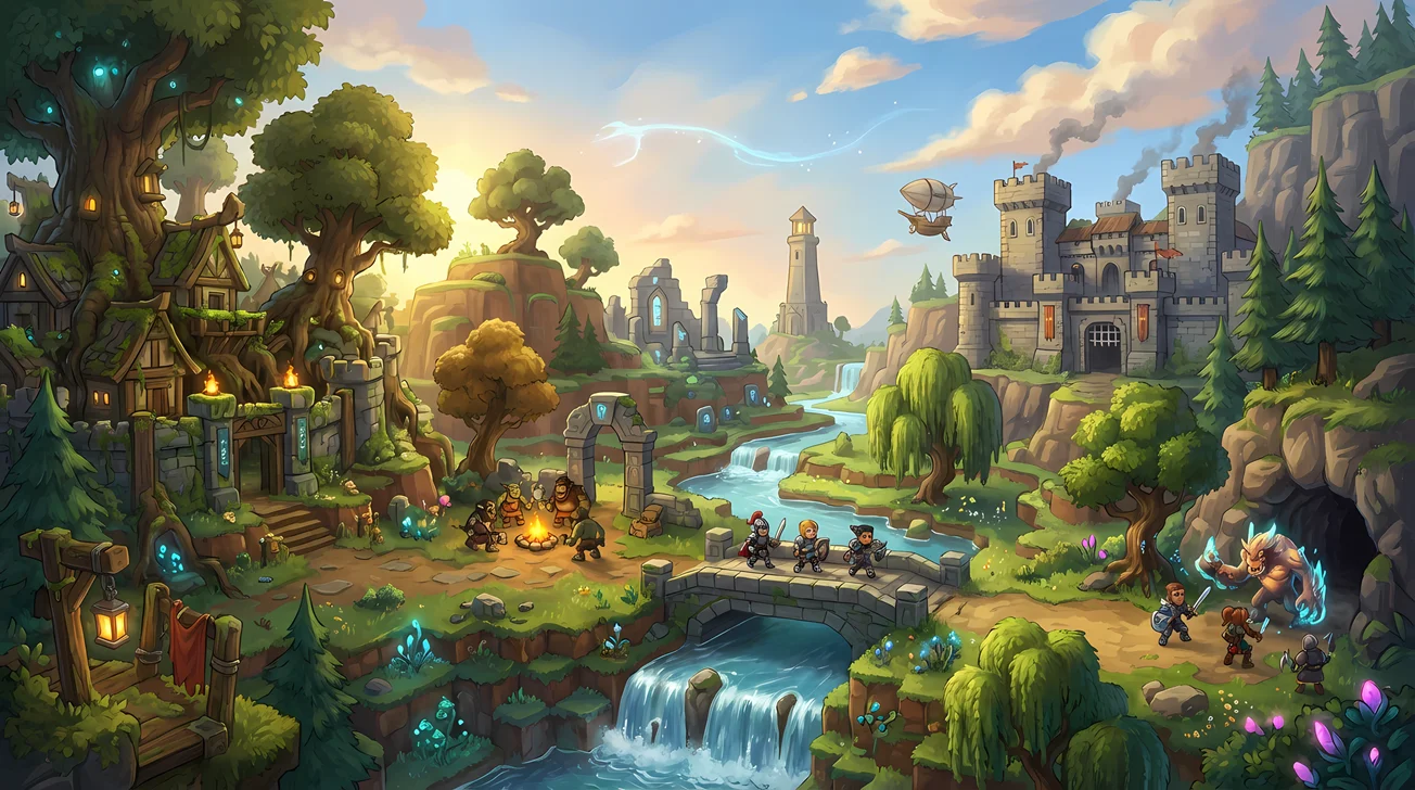 Hytale characters and creatures in a vibrant world, used as a background for features like DDoS protection and mod support on OXY.Games Hytale servers