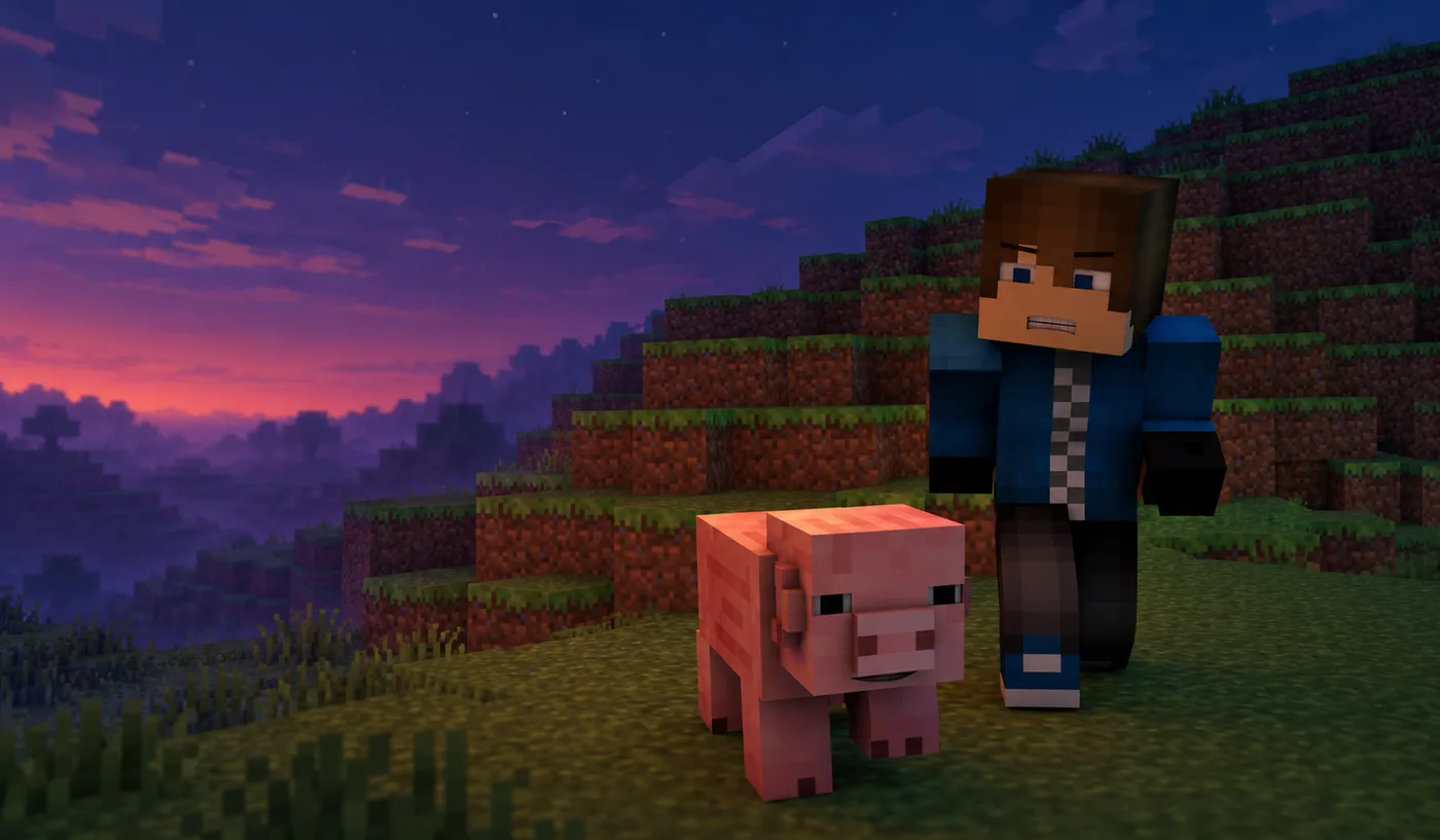 A blocky player and a pig on a grassy hill at dusk, with a purple sunset behind them