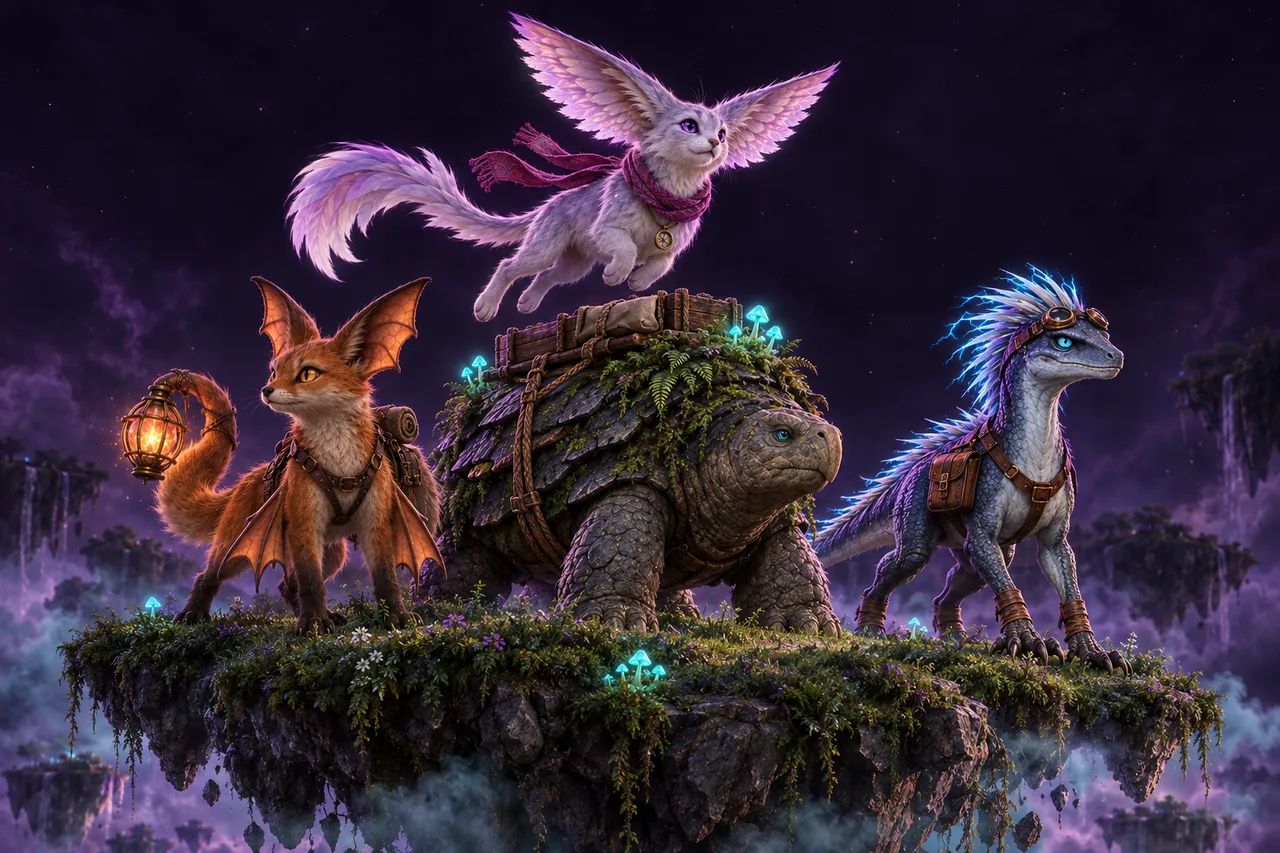 The four OXY companion creatures — Kindle, Bolt, Moss and Drift — on a floating island under a night sky, each looking a different direction