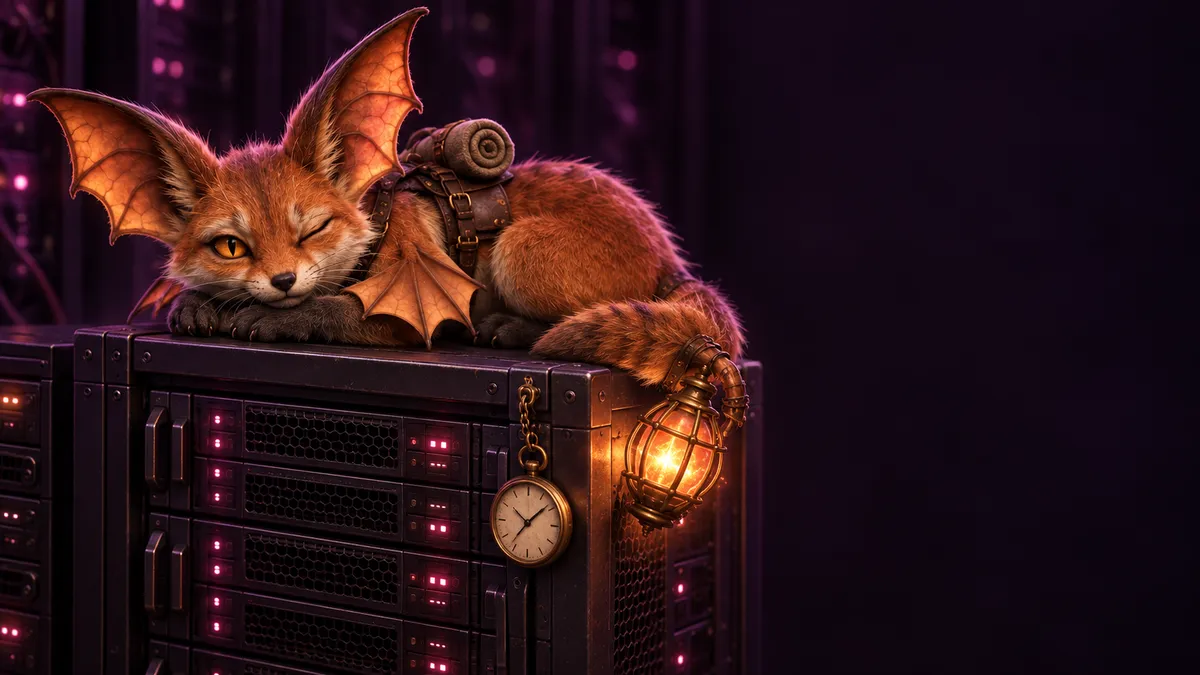 Kindle, the OXY ember-fox, dozing with one eye open on a glowing server rack — the one that never sleeps