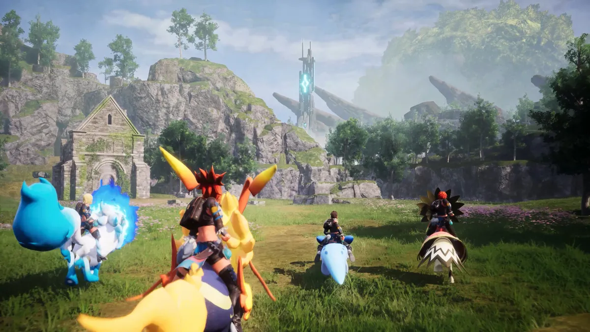 A group of players and their Pals exploring together in Palworld multiplayer