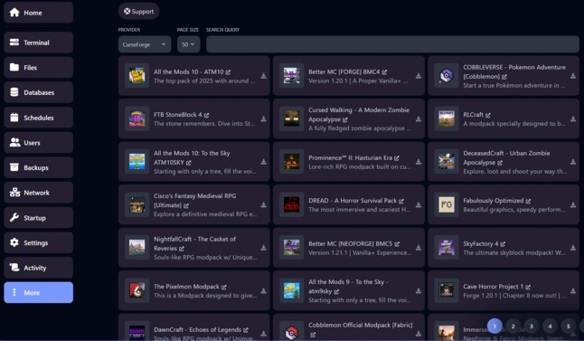 Overzicht van Minecraft-modpacks in het OXY.Games controlepaneel, eenvoudig te installeren via één klik