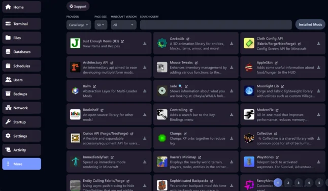 Minecraft-mods installeren via het OXY.Games controlepaneel, ondersteund door CurseForge en Modrinth